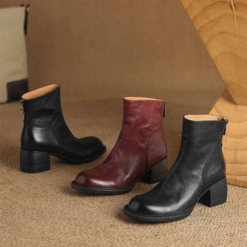 Leather Ankle Boots Comfortable Walking Round Chelsea Boots Back Zip in Red/Black