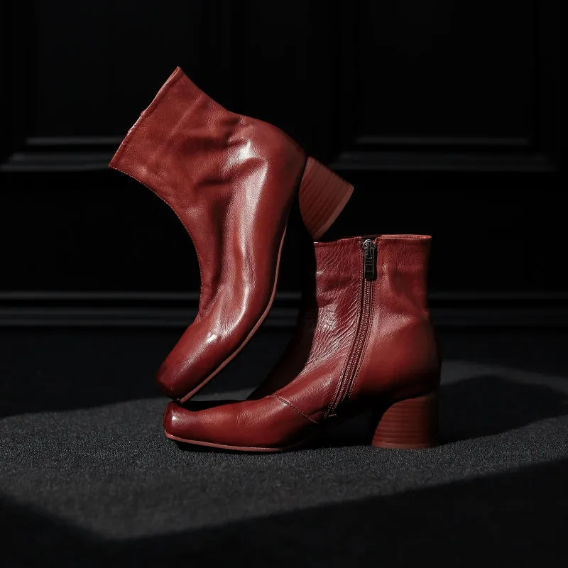 Leather Ankle Boots Comfortable Walking Round Chelsea Boots Side Zip in Red/Black/Brown