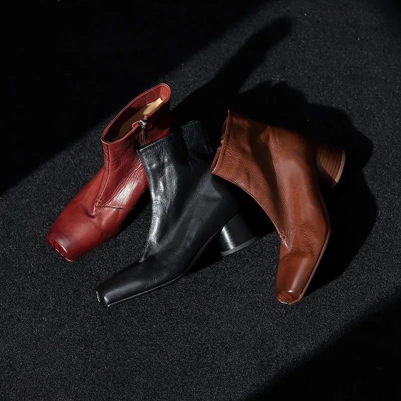 Leather Ankle Boots Comfortable Walking Round Chelsea Boots Side Zip in Red/Black/Brown