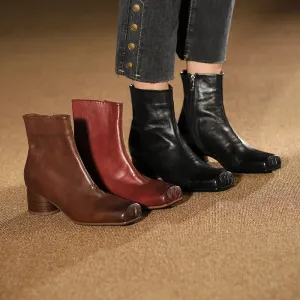 Leather Ankle Boots Comfortable Walking Round Chelsea Boots Side Zip in Red/Black/Brown