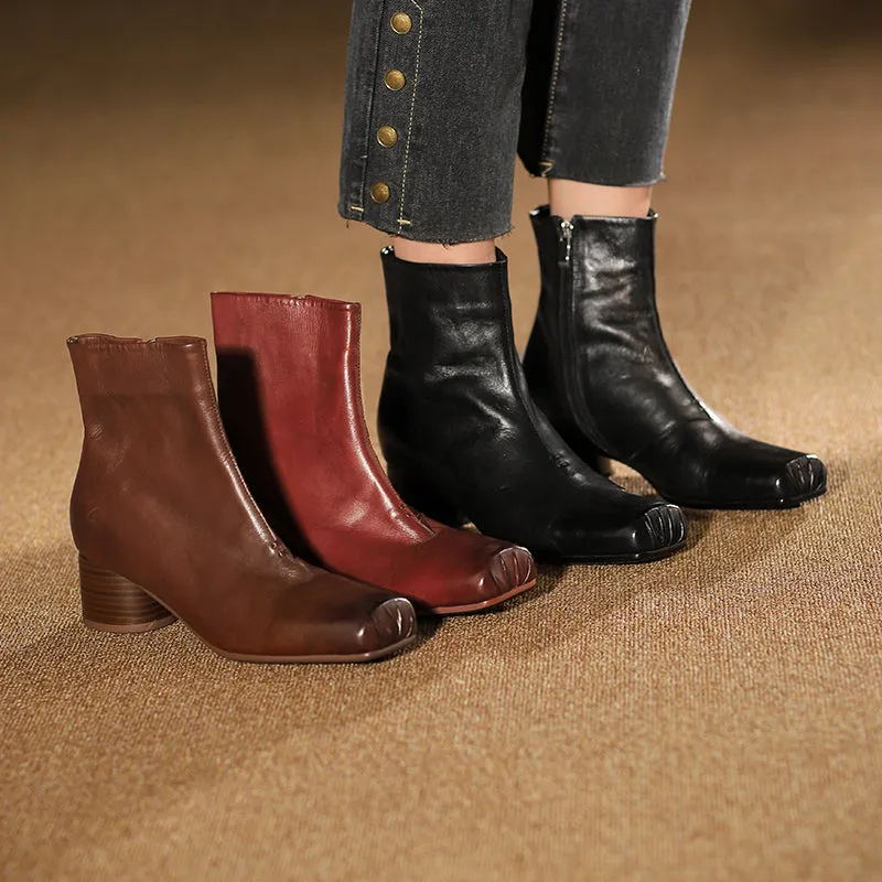 Leather Ankle Boots Comfortable Walking Round Chelsea Boots Side Zip in Red/Black/Brown