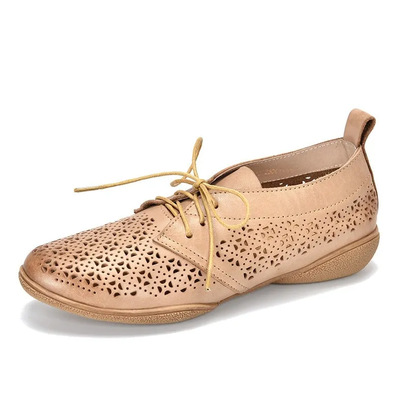 Perforated Design Genuine Leather Lace Up Oxfords for Women Soft Flats Coffee/Apricot